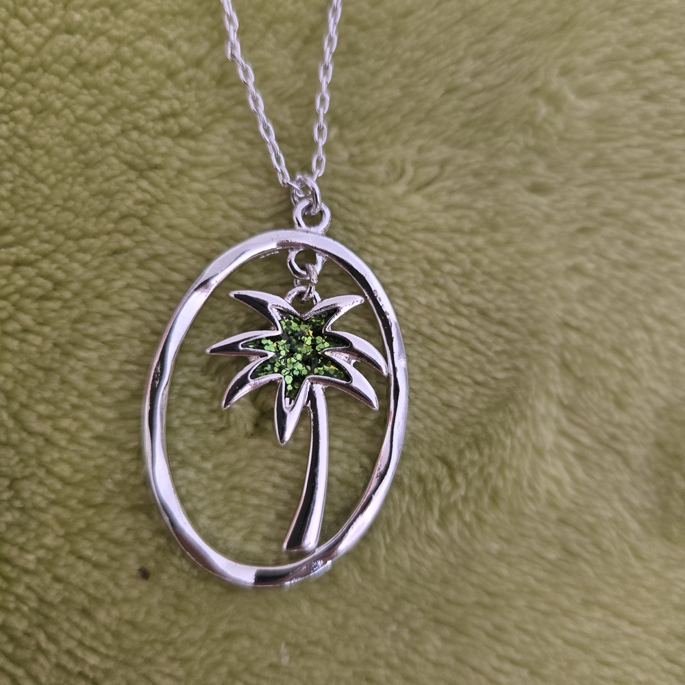 Silver Palm Tree Pendant Necklace And Earring Set